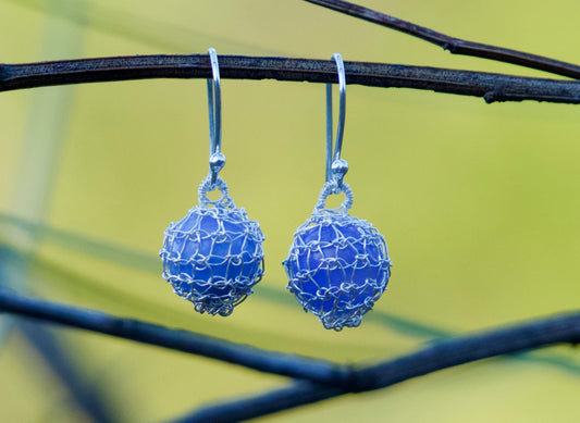 Crocheted sterling Silver Earrings - Blue