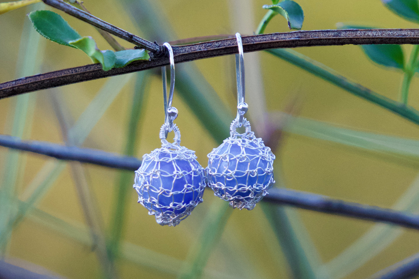 Crocheted sterling Silver Earrings - Blue